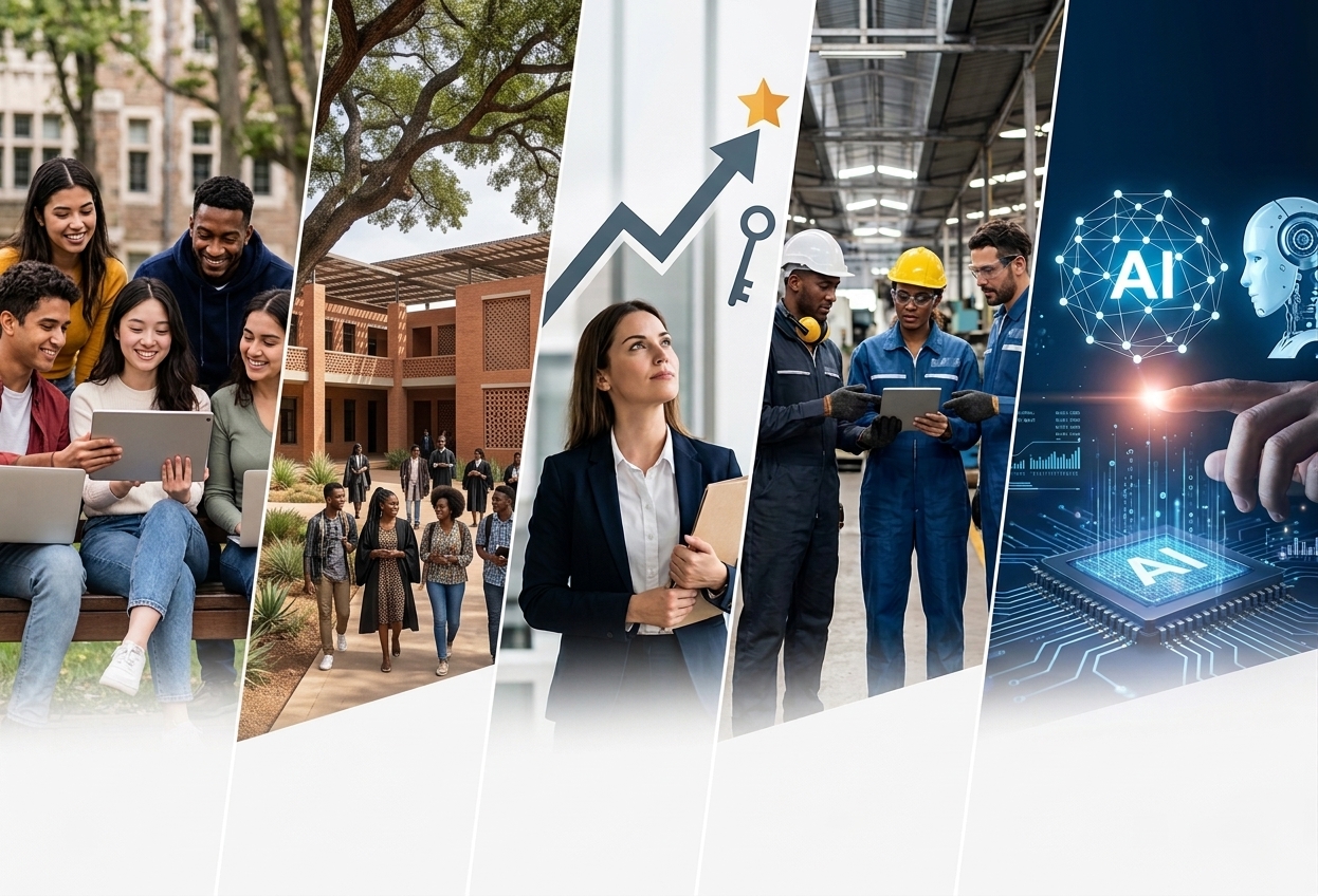 Five themes of Future Path Africa: students learning together, an African university campus, a young professional charting her career, industry technicians at work, and AI technology