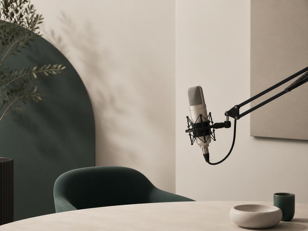An empty podcast studio with a microphone, waiting for the first recording