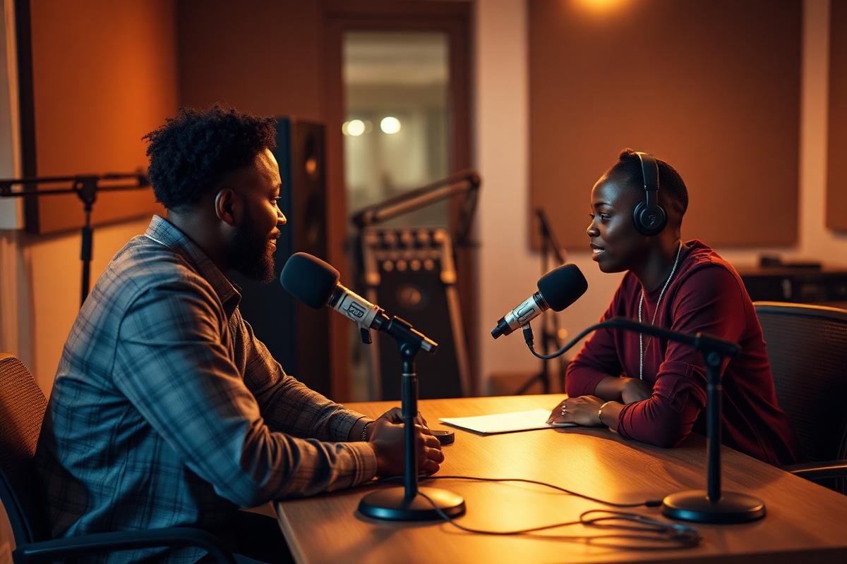 Podcast studio interview scene with two African professionals